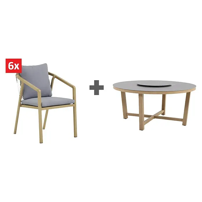 MWH Gartenmöbel-Set - 7 -tlg., Aluminium/Fairstone, Night-Grey/Braun - 6 Stühle aus hellem Holz mit grauen Kissen und ein runder Tisch aus hellem Holz mit grauer Platte.
