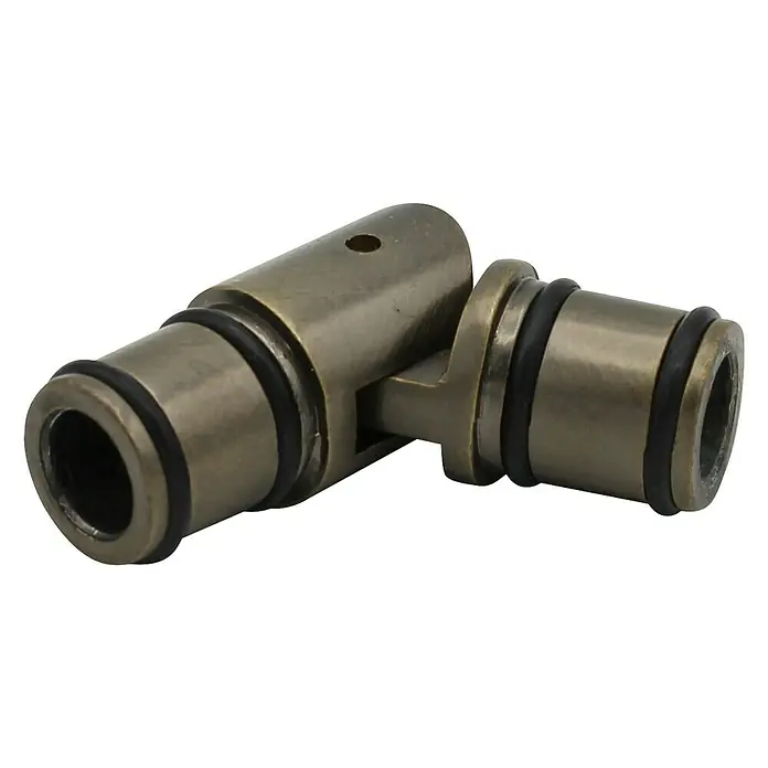 Expo Ambiente Gardinenwinkel - Brüniert, Geeignet für: Gardinenstangen Ø 20 mm - Ein vergoldetes Rohrstück mit einem O-Ring an jedem Ende. Es ist L-förmig, mit einem Loch an der Oberseite.