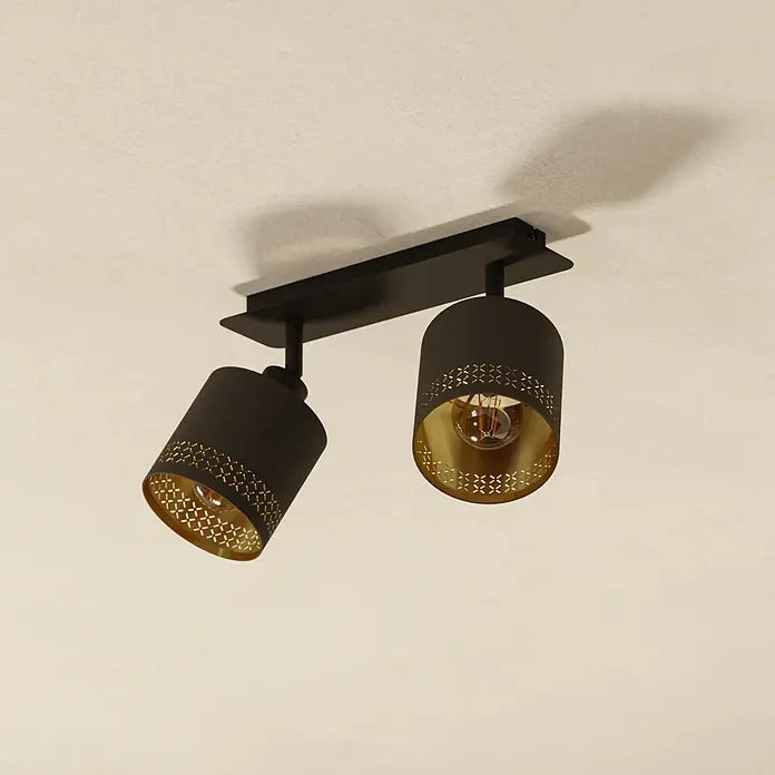 Eglo Esteperra Deckenstrahler ESTEPERRA - 56 W, Schwarz, E27, 2 Stk. - Moderne Deckenleuchte in Schwarz und Gold. Die Leuchte verfügt über zwei verstellbare Strahler mit dekorativen Ausschnitten.