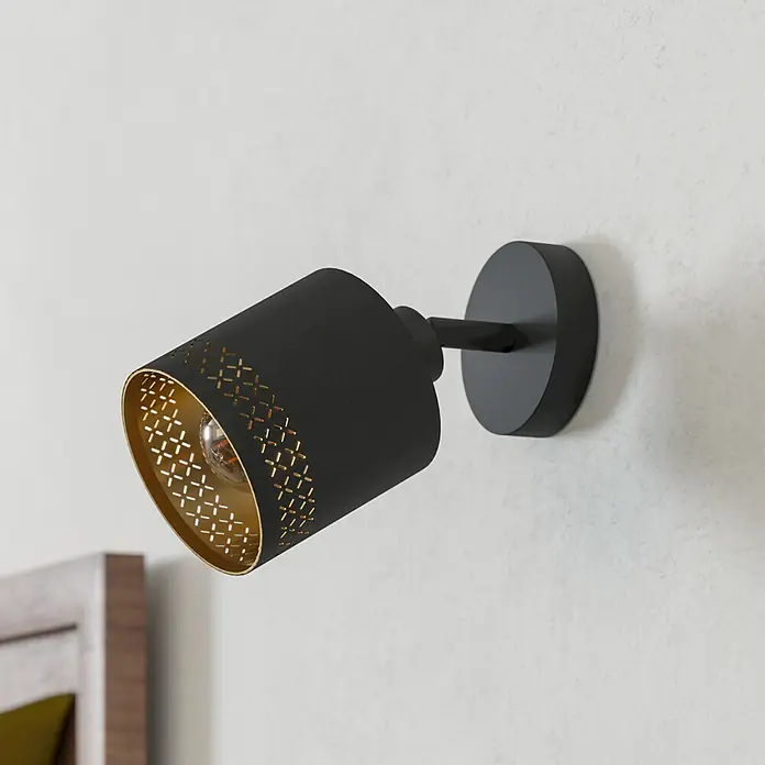 Eglo Esteperra Deckenstrahler ESTEPERRA - 28 W, Schwarz, E27, 1 Stk. - Moderne schwarze Wandleuchte mit goldenem Akzent und dekorativem Muster, die eine stilvolle Beleuchtungslösung für jeden Raum bietet.