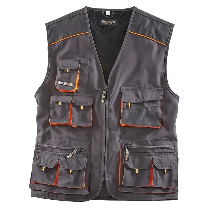 Terratrend Arbeitsweste - 56, Dunkelgrau/Orange - Graue Arbeitsweste mit vielen Taschen und orangen Akzenten. Ideal für Handwerker und Heimwerker, die Werkzeug griffbereit haben müssen.