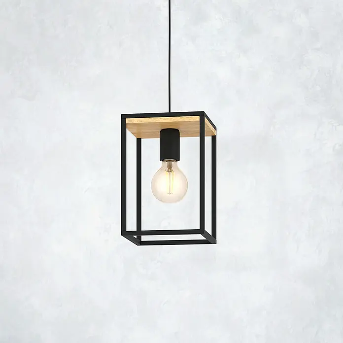 Eglo Lámpara colgante - 40 W, L x An x Al: 18 x 18 x 110 cm, Negro/Marrón, E27 - Lámpara colgante moderna con marco de metal negro y bombilla de tono cálido, creando un ambiente elegante.