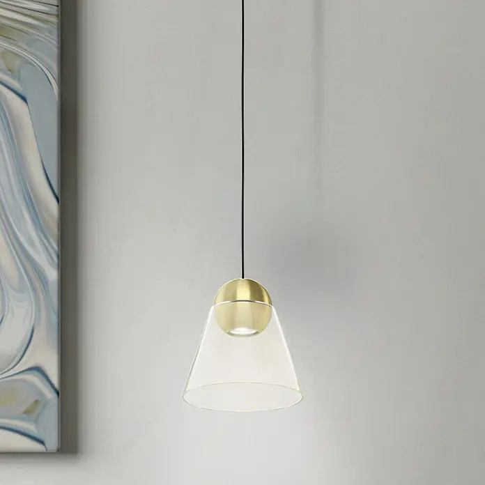Eglo Pendelleuchte rund CERASELLA - 4,5 W, Ø x H: 200 mm x 110 cm, Messing-gebürstet, GU10 - Elegante Pendelleuchte mit einem goldenen Akzent und einem transparenten, kegelförmigen Schirm, die ein modernes Ambiente schafft.