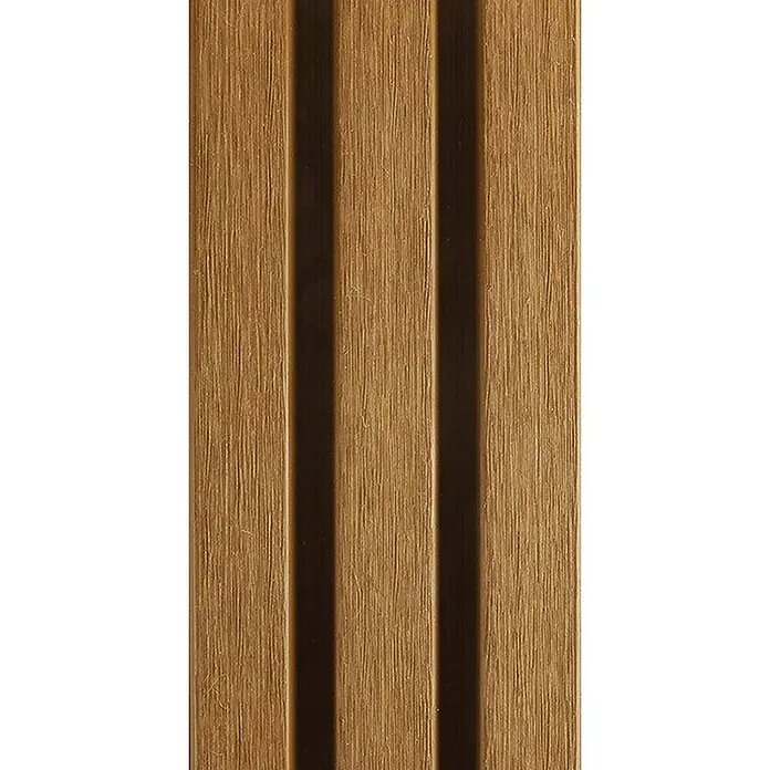 Dioco Revestimiento decorativo alistonado - L x An: 220 x 17 cm, Marrón cedar - Primer plano de un panel de pared de madera con ranuras verticales, que añade textura y profundidad. Ideal para interiores modernos.