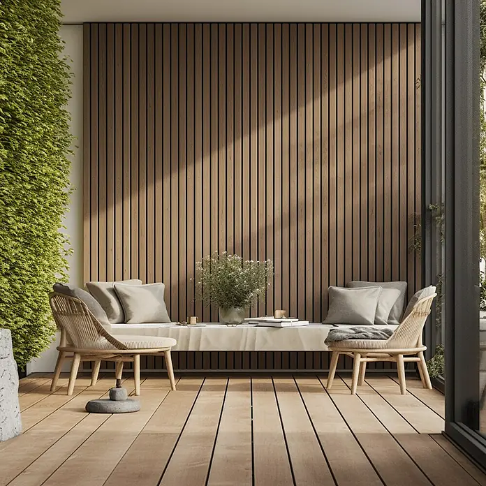 Dioco Revestimiento decorativo alistonado - L x An: 220 x 17 cm, Marrón cedar - Elegante interior exterior con pared de listones de madera acústica, cómoda zona de estar y pared verde natural para un ambiente sereno.