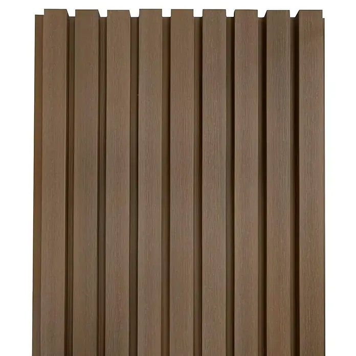 Dioco Revestimiento decorativo alistonado - L x An: 220 x 17 cm, Teka - Primer plano de un panel de pared decorativo con listones de madera verticales y un cálido color marrón, mostrando su textura natural.