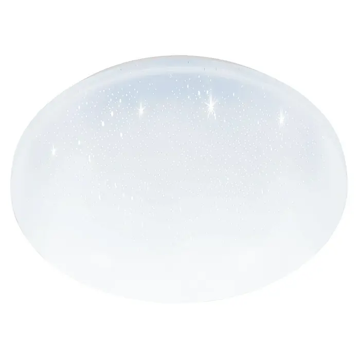 Eglo LED-Deckenleuchte rund POGLIOLA-S - 15,6 W, Ø x H: 31 x 5,5 cm, Weiß, Neutralweiß, IP44 - Ovales Schneeeffekt-Grafik mit weißen Punkten und leuchtenden sternförmigen Funkeln auf einem sanften blau-weißen Verlauf.