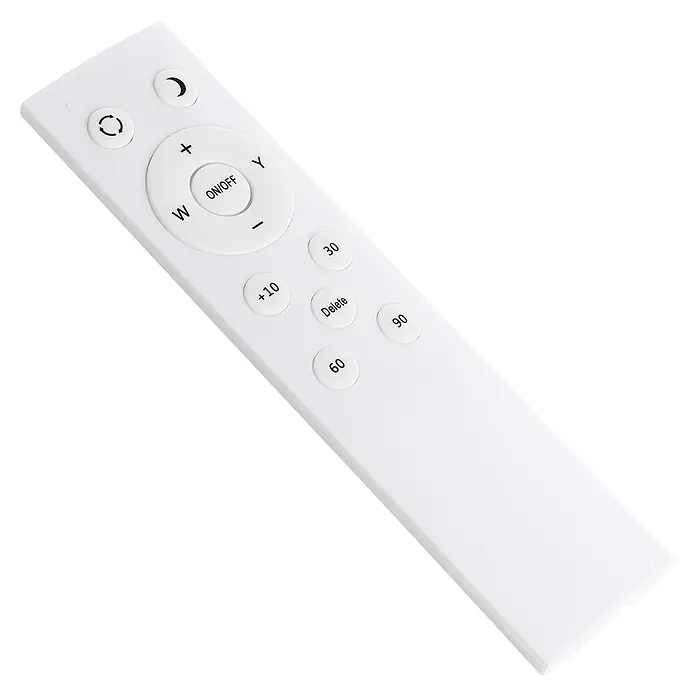 Eglo LED-Deckenleuchte rund CAMPASPERO 2 - IP44, 22,5 W, Ø x H: 42 x 2,5 cm, Silber, RGBW - Nahaufnahme einer weißen Fernbedienung mit verschiedenen Tasten zur Steuerung eines elektronischen Geräts.