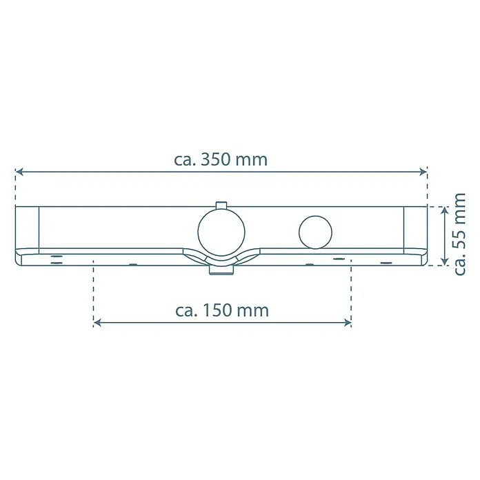 UP-Thermostatarmatur Ocean - Chrom/Anthrazit - Produktbild mit Maßangaben: ca. 350 mm (Breite) und ca. 55 mm (Höhe). Das Element in der Mitte ist ca. 150mm breit.