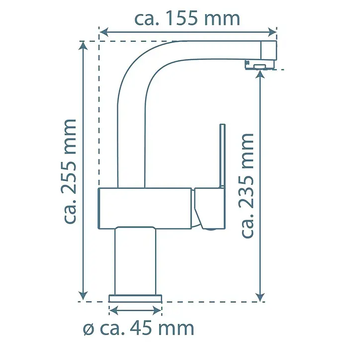 Camargue Waschtischarmatur Granada - Chrom, Glänzend - Abbildung einer Armatur mit Maßen: Höhe ca. 255 mm, Ausladung ca. 155 mm, Höhe bis Auslauf ca. 235 mm, Durchmesser Sockel ca. 45 mm.