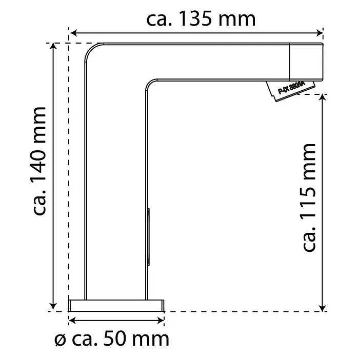Camargue Kaltwasser-Standventil Sensor - Chrom, Glänzend - Dimensionsskizze einer modernen Armatur mit präzisen Maßangaben für Höhe, Ausladung und Sockeldurchmesser.