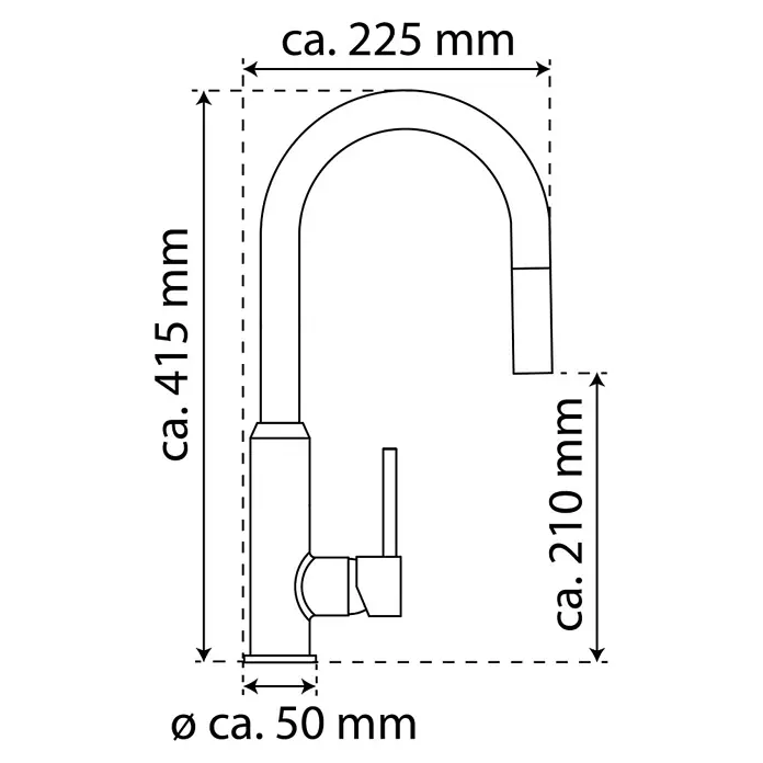 Camargue Spültischarmatur Madrid - Schwarz, Glänzend, Schwenkbar - Abbildung einer Küchenarmatur mit den ungefähren Maßen 225 mm Breite, 415 mm Höhe und 50 mm Durchmesser.