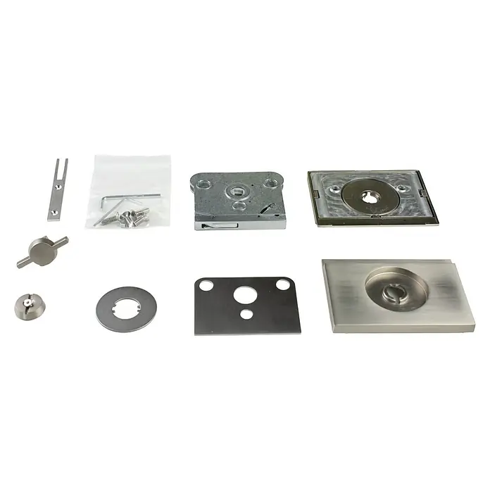 Entravia Schiebetürschloss WC - Beschlag geeignet für: Glasschiebetüren, Passend für: Entravia Simple-Pocket Schiebetürsystem, Edelstahl-Optik - Verschiedene gebürstete Metallteile für Bodentürfedern, inklusive Abdeckungen und Schraubensatz.