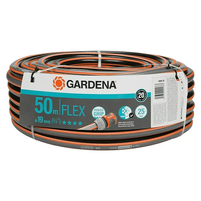 Gardena Comfort Flex Manguera - Largo: 50 m, Diámetro tubo flexible: 19 mm - Manguera de jardín GARDENA Flex, 50 m de largo, 19 mm de diámetro, con Power Grip para una conexión estable y alta resistencia a los rayos UV y a las heladas.