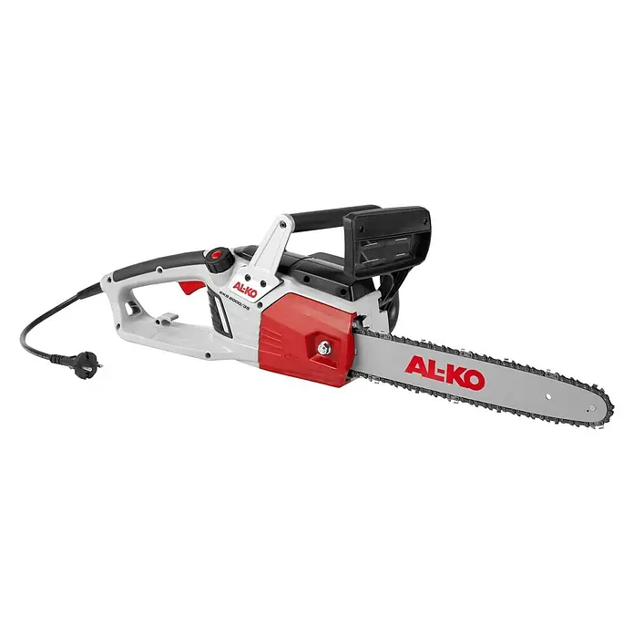 AL-KO Easy Flex Elektro-Kettensäge EKS 2000/35 - 2.000 W, Schwertlänge: 35 cm - Das Bild zeigt eine AL-KO EKS 2000/35 Elektro-Kettensäge, ideal für private Gartenarbeiten, mit grauem Gehäuse, rotem Schutz und schwarzem Griff.