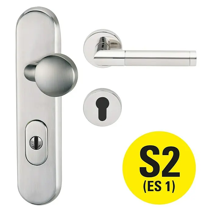Diamond Doors Creative Schutzbeschlag warrior Avantgardo - Wohnungsabschlusstür, Edelstahl matt, Stärke Tür: 35 mm - 45 mm, Knopf außen, Drücker innen, DIN 18257 ES1 - Türbeschlag-Set aus Edelstahl, bestehend aus Griff, Knauf und Schlossrosette für eine moderne und stilvolle Türgestaltung.