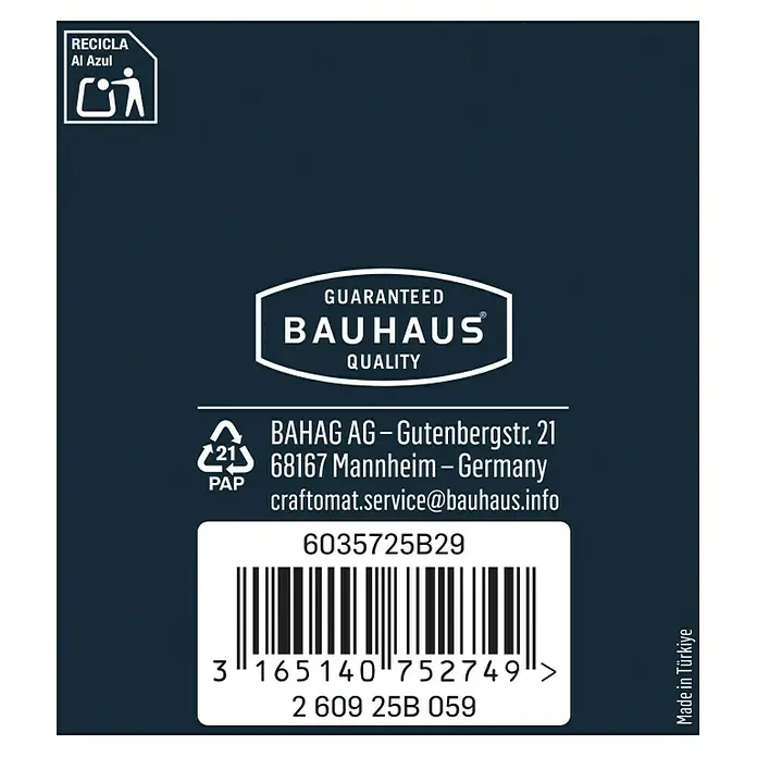 Craftomat Lamellenschleifer - Durchmesser: 50 mm, Körnung: 80 - Nahaufnahme der Produktverpackung mit Bauhaus-Qualitätsgarantie und Recycling-Symbolen.