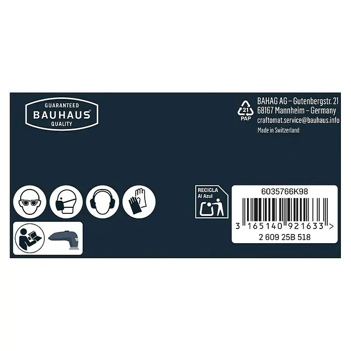 Craftomat Delta-Schleifpapier BFCC - L x B: 93 x 93 mm, 5 Stk., 400 - Abbildung der Bauhaus Qualitätsgarantie, Sicherheitsausrüstungshinweise, Recyclinghinweise und Produktbarcode.