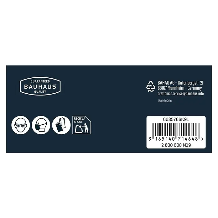 Craftomat Schleifgitter - 230 x 93 mm, Körnung: 120, 5 Stk. - Sicherheitsaufkleber für Produkte der Marke Bauhaus, die Schutzbrille, Mundschutz und Handschuhe empfehlen sowie Recyclinghinweise geben.