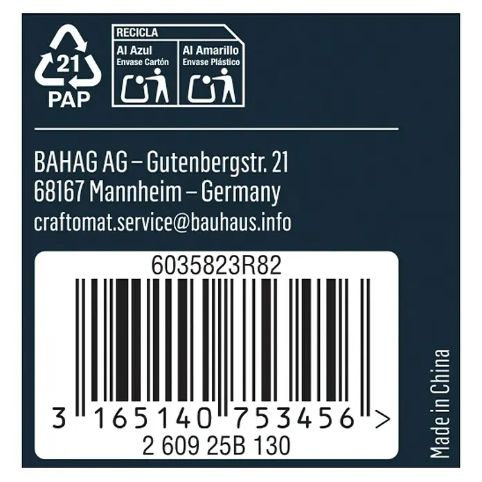 Craftomat Dübelsetzer - Durchmesser: 10 mm, 4 -tlg. - Nahaufnahme der Produktverpackung mit Recyclinghinweisen, Barcode und Herstellerinformationen von BAHAG AG aus Mannheim.