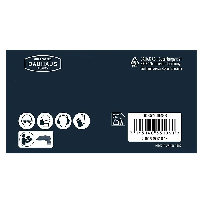Craftomat Delta-Haftschleifscheiben Set - Länge: 93 mm, 10 Stk. - Produktverpackung von Bauhaus mit Sicherheitsvorkehrungen, Barcode und Herstellerinformationen.