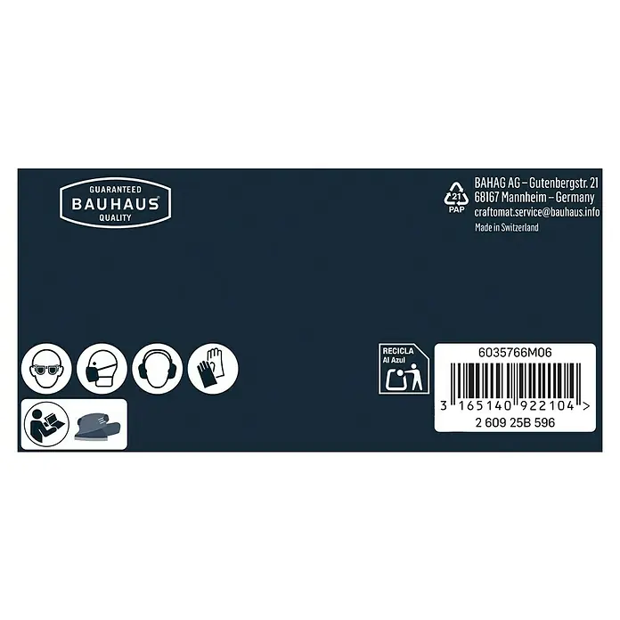 Craftomat Schleifblätter - 95 x 135 mm, Körnung: 80, 5 Stk., Passend für: Black & Decker - Abbildung der Produktverpackung mit Bauhaus-Logo, Recyclinghinweisen und Sicherheitsvorkehrungen für Elektrowerkzeuge.