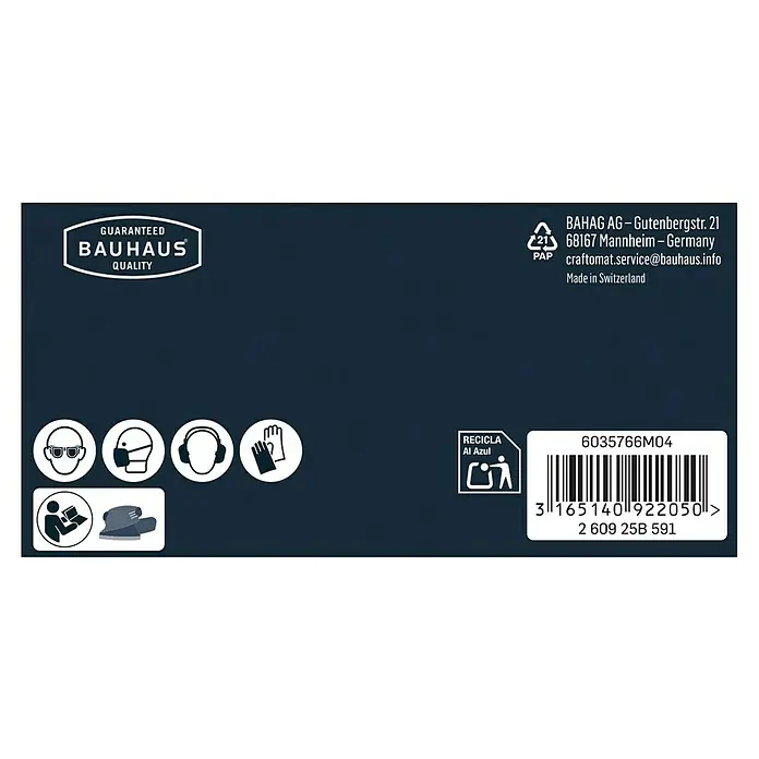 Craftomat Schleifblätter BFWP - L x B: 102 x 62 mm, Körnung: 80, 10 Stk. - Abbildung der Verpackung eines Bauhaus-Produktes mit Sicherheitshinweisen, Recycling-Symbol und Barcode.