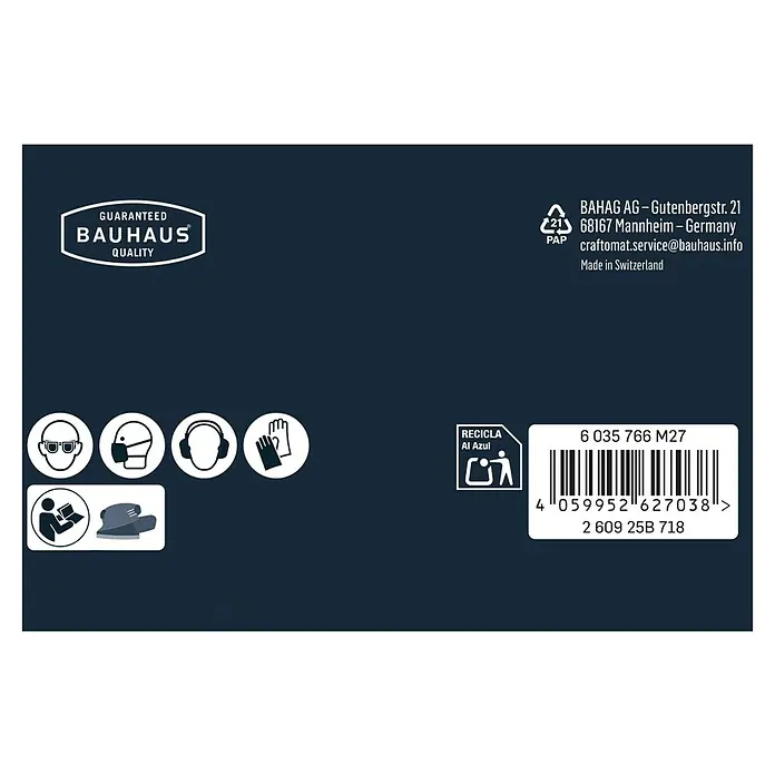 Craftomat Schleifnetz - 100 x 150 mm, Körnung: 120, 10 Stk. - Das Bild zeigt eine Produktverpackung von Bauhaus mit Sicherheitshinweisen und Recyclinginformationen, einschließlich Barcode und Herstellerdetails.