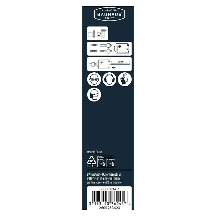 Craftomat Beton- & Steinbohrer - Durchmesser Bohrer: 8 mm - Abbildung der Bauhaus Qualitätsgarantie mit Anweisungen zur Verwendung eines Bohrers, Schutzvorkehrungen und Recyclinghinweisen.