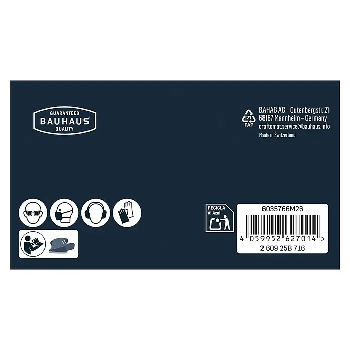 Craftomat Schleifgitter-Set - 100 x 150 mm, 10 Stk. - Produktverpackung mit Bauhaus-Qualitätssiegel, Recycling-Symbol und Sicherheitsvorkehrungen für Augenschutz, Atemschutz und Handschuhe.