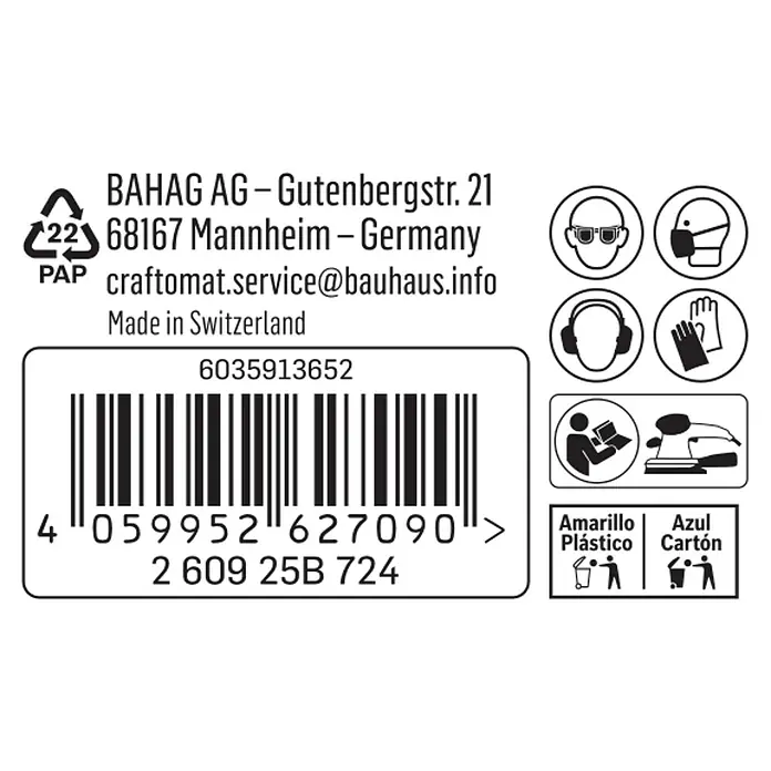 Craftomat Schleifrolle - Körnung: 240, Breite: 93 mm - Produktverpackung mit Recyclinghinweisen, Sicherheitsvorkehrungen und Herstellungsort.