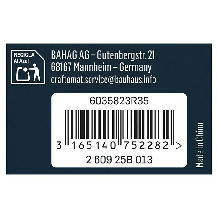 Craftomat Bohrfutterschlüssel - 13 mm - Produktetikett mit Barcode, Recycling-Symbol, Herstellerinformationen (BAHAG AG) und Herstellungsland (China).