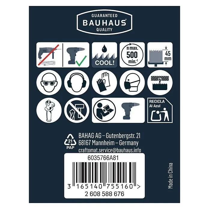 Craftomat Diamant-Lochsäge Keramik - 65 mm, Schnitttiefe: Max. 35 mm - Produktinformationen und Sicherheitshinweise für BAUHAUS-Qualitätsprodukte mit Warnsymbolen.