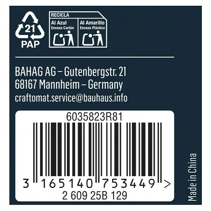 Craftomat Dübelsetzer - Durchmesser: 8 mm, 4 -tlg. - Nahaufnahme der Produktverpackung mit Recyclinghinweisen, Barcode und Herstellerinformationen.