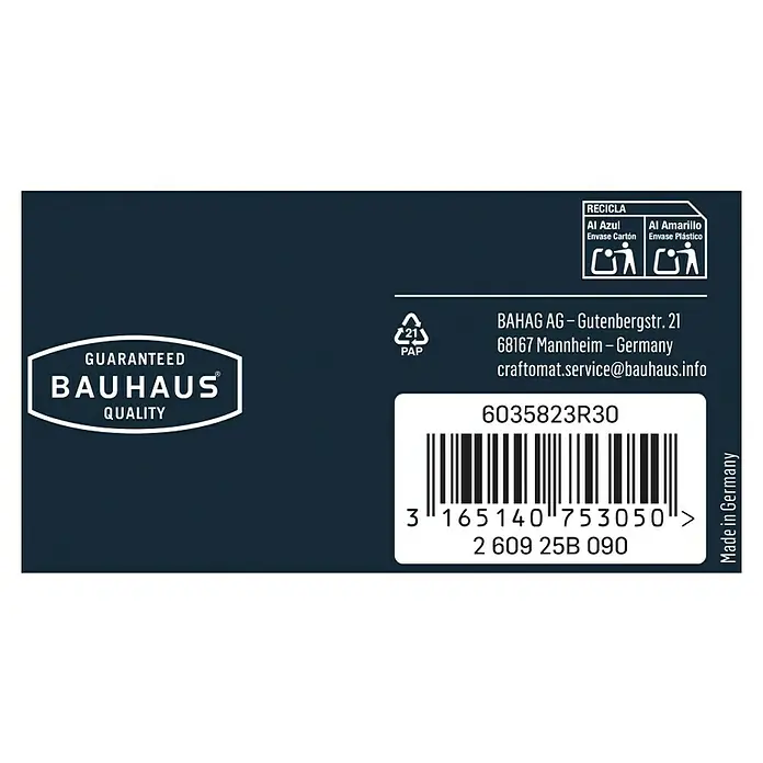 Craftomat Zweilochschlüssel - Geeignet für: Winkelschleifer, Gerade - Produktverpackung von Bauhaus mit Barcode, Recyclinghinweisen und Herstellerinformationen.