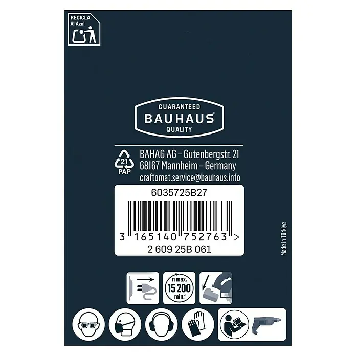 Craftomat Lamellenschleifer - Körnung: 120, Durchmesser: 50 mm - Produktverpackung mit Hinweisen zur Qualität, Recycling und Sicherheitshinweisen für die Verwendung eines Werkzeugs.