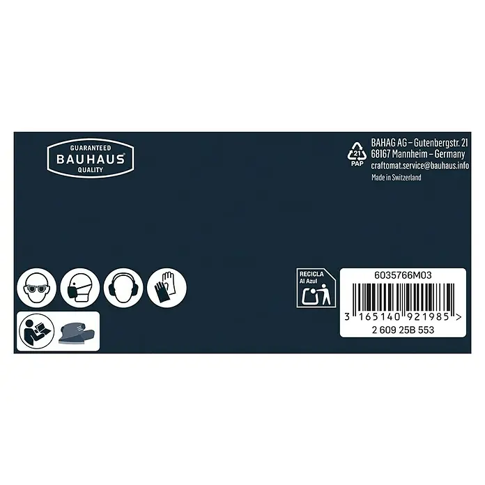 Craftomat Schleifblätter EFWP - L x B: 170 x 100 mm, Körnung: 40, 5 Stk. - Abbildung der Produktverpackung von Bauhaus, die Schutzsymbole und Recyclinghinweise enthält, hergestellt in der Schweiz.