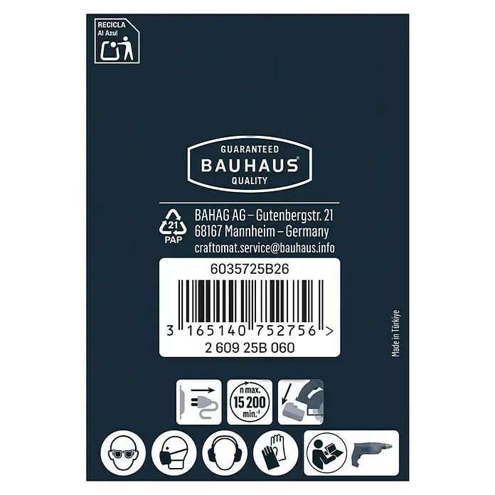 Craftomat Lamellenschleifer - Körnung: 60, Durchmesser: 50 mm - Produktverpackung mit Recyclinghinweisen, Gütesiegel, Herstellerinformationen, Barcode und Sicherheitshinweisen für den Gebrauch.