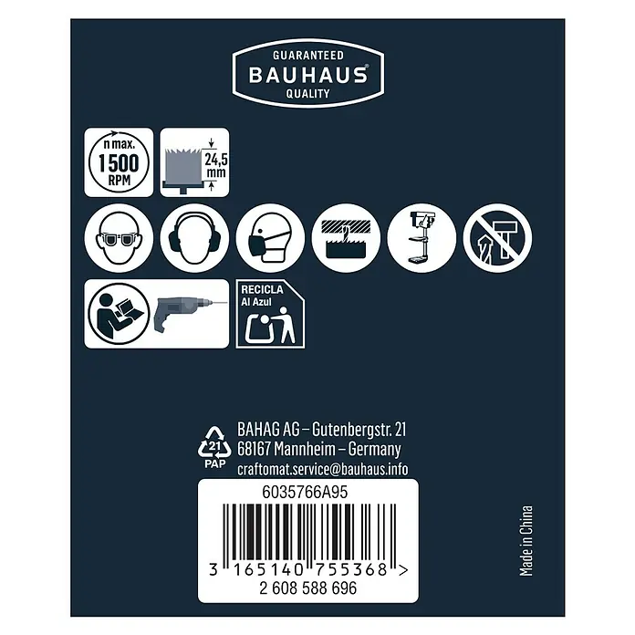 Craftomat Lochsäge - 80 mm, Durchmesser Schaft: ¼″ Hex - Produktetikett mit Sicherheitshinweisen, Bauhaus-Qualitätsgarantie, Barcode und Herstellungsort.