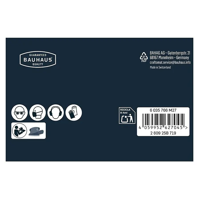Craftomat Schleifnetz - 100 x 150 mm, Körnung: 180, 10 Stk. - Produktverpackungsdesign mit Bauhaus-Qualitätsgarantie, Recyclinghinweisen und Sicherheitsvorkehrungen für den Gebrauch.