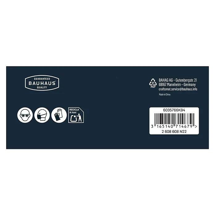 Craftomat Schleifgitter - 280 x 115 mm, Körnung: 220, 5 Stk. - Abbildung der Verpackung mit Bauhaus-Qualitätsgarantie, Schutzsymbolen, Recyclinghinweisen, Herstellerinformationen und Barcode.