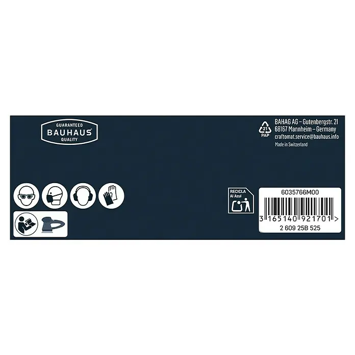 Craftomat Schleifblätter BFWP - Durchmesser: 115 mm, Körnung: 40, Gelocht - Produktdetails: Bauhaus Qualitätsgarantie, Herstellerinformationen, Recyclinghinweis und Produkt-Barcode für detaillierte Informationen.