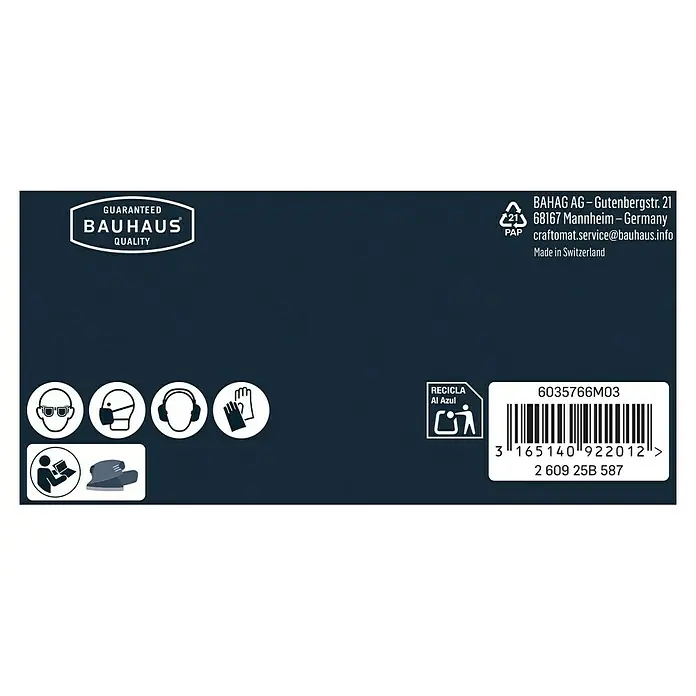 Craftomat Schleifblätter EFWP - L x B: 170 x 100 mm, Körnung: 120, 5 Stk. - Produktverpackung von Bauhaus mit Hinweisen zur Qualitätsgarantie, Recycling und Sicherheitsvorkehrungen, inklusive Barcode und Herstellerinformationen.