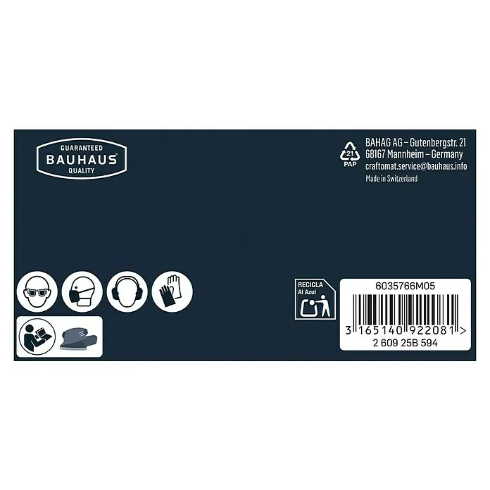 Craftomat Schleifblätter-Set BFWP - L x B: 102 x 62 mm - Produktverpackung mit Bauhaus-Logo, Recyclinghinweisen und Sicherheitsvorkehrungen. Hergestellt in der Schweiz, hohe Qualität garantiert.