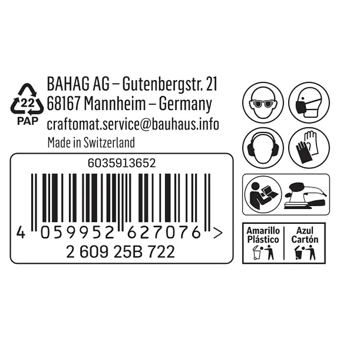 Craftomat Schleifrolle - Körnung: 120, Breite: 93 mm - Produktverpackungsaufdruck mit Warnhinweisen, Recyclinghinweisen und Herstellerinformationen.