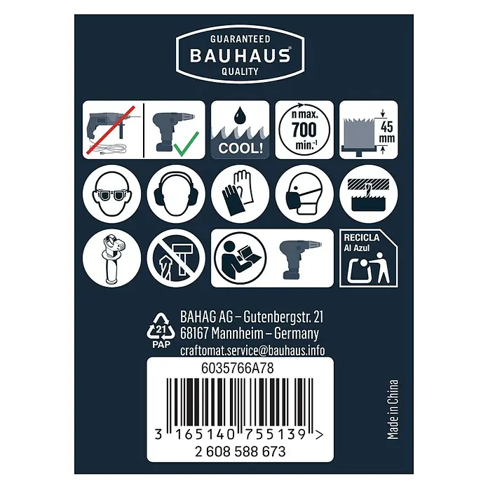 Craftomat Diamant-Lochsäge Keramik - 45 mm, Schnitttiefe: Max. 35 mm - Produktsicherheitsaufkleber mit Bauhaus Qualitätsgarantie, Gefahrensymbolen und Recyclinghinweisen für Heimwerkerprodukte.