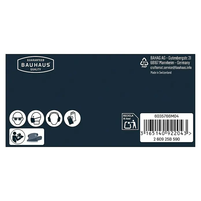Craftomat Schleifblätter BFWP - L x B: 102 x 62 mm, Körnung: 40, 10 Stk. - Informationen zur Produktverpackung von Bauhaus mit Sicherheitsvorkehrungen, Recyclinghinweisen und Herstellerangaben.