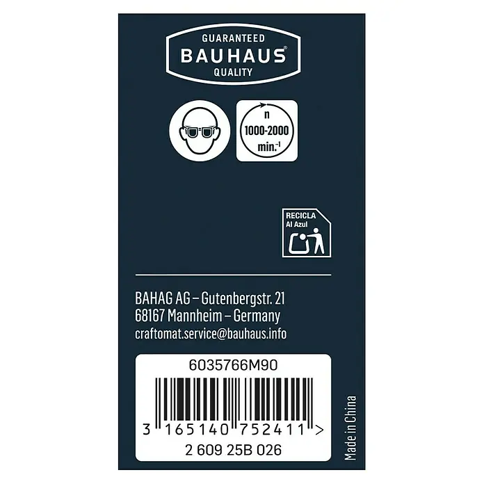 Craftomat Fräserfeilen-Set - 4 -tlg. - Produktetikett mit Bauhaus-Qualitätsgarantie, Sicherheitsvorkehrungen und Recyclinghinweisen, sowie Barcode und Herstellungsort.