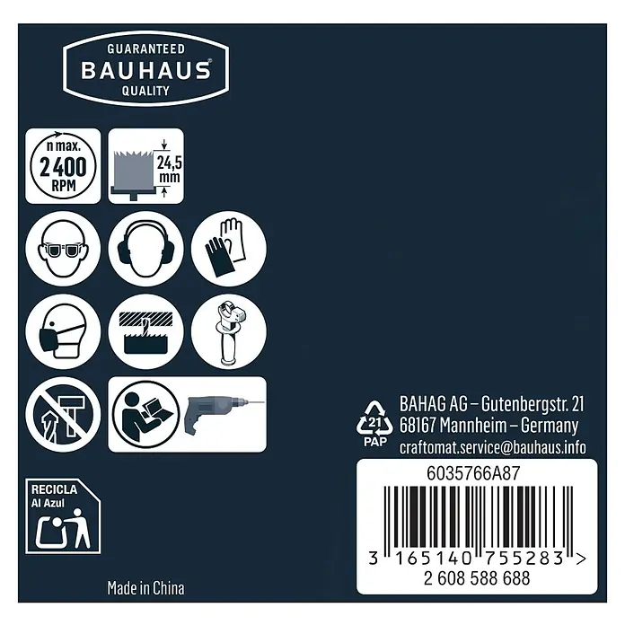 Craftomat Lochsäge - 38 mm, Durchmesser Schaft: ¼″ Hex - Produktverpackung mit Bauhaus Qualitätsgarantie, Sicherheits- und Recyclinghinweisen sowie Barcode und Herstellerinformationen.