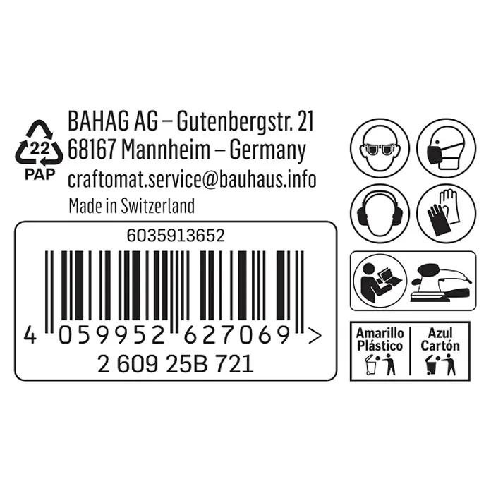 Craftomat Schleifrolle - Körnung: 80, Breite: 93 mm - Produktverpackung mit Herstellerinformationen, Recyclinghinweisen und Sicherheitsvorkehrungen für Elektrowerkzeuge.